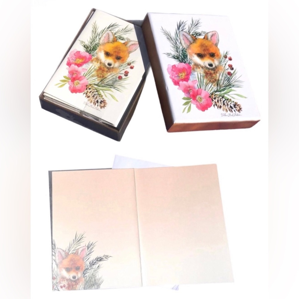 Pinecone Floral Fox Blank Note Cards Decorated Inside in Keepsake Box (FNC91986)